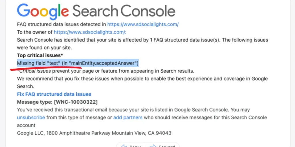 Email from Google Search Console warning about Elementor FAQ Schema missing field 'text' in mainEntity.acceptedAnswer.