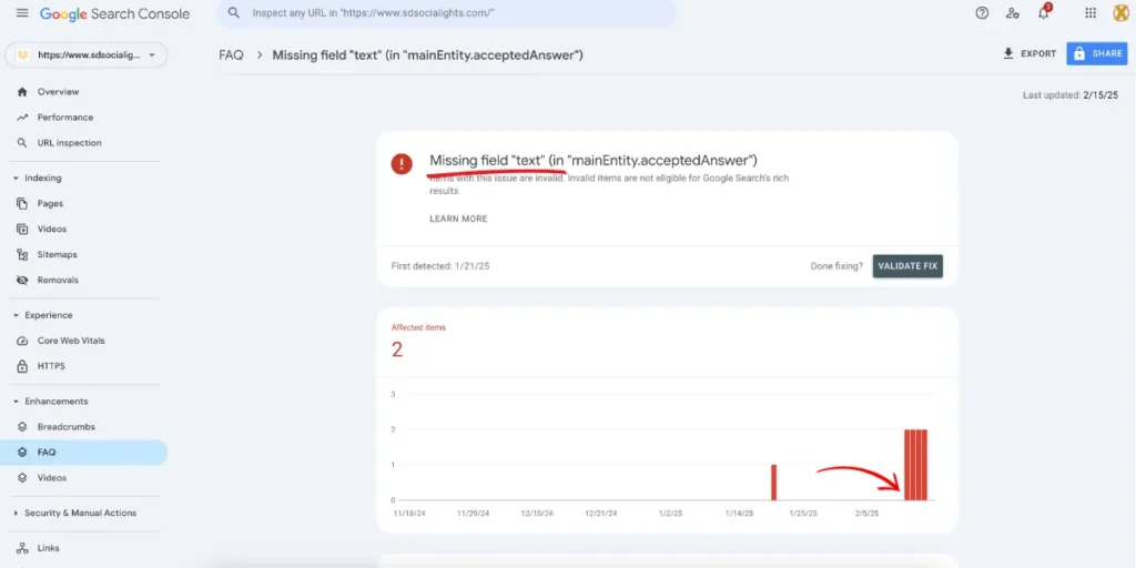 Google Search Console showing Elementor FAQ Schema missing field 'text' error before applying fix.