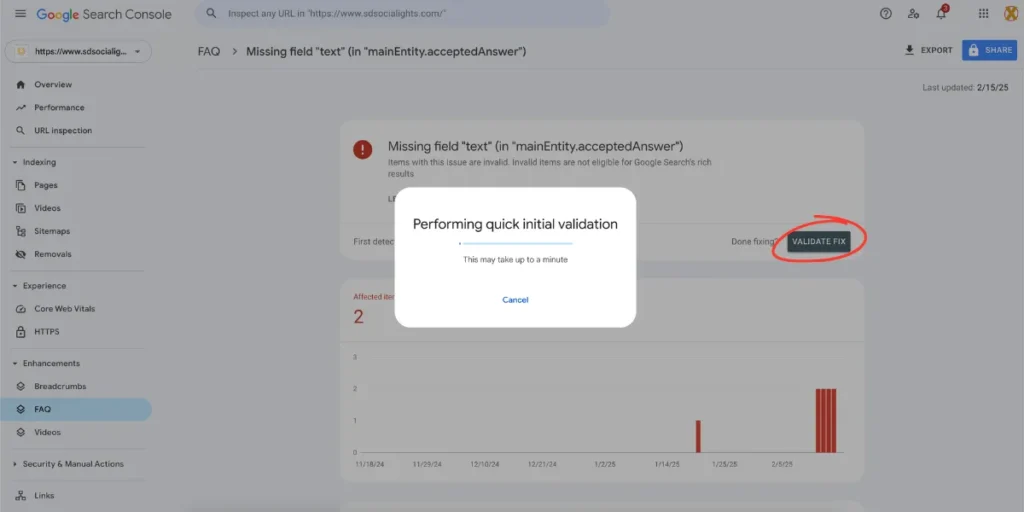 Google Search Console validate fix button clicked for Elementor FAQ Schema missing field 'text' issue.