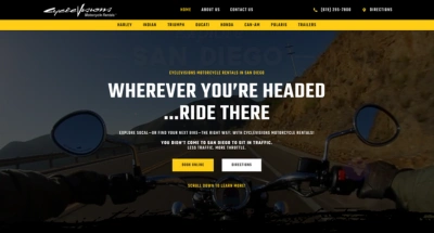 Rider’s view on a motorcycle cruising down a scenic road, promoting Cyclevisions motorcycle rentals in San Diego.