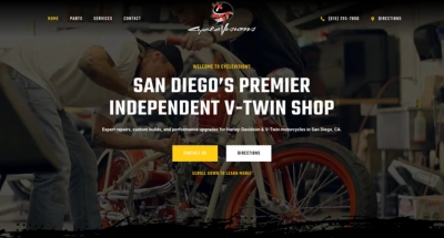 Mechanic working on a custom Harley-Davidson motorcycle at Cyclevisions, San Diego’s top independent V-Twin shop.