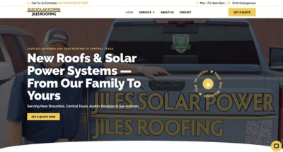 Truck with Jiles Solar & Roofing branding, representing new roof installations and solar panel services in Central Texas.
