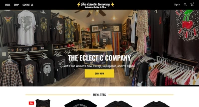Vintage and repurposed clothing displayed in The Eclectic Company boutique in San Diego, specializing in unique apparel.