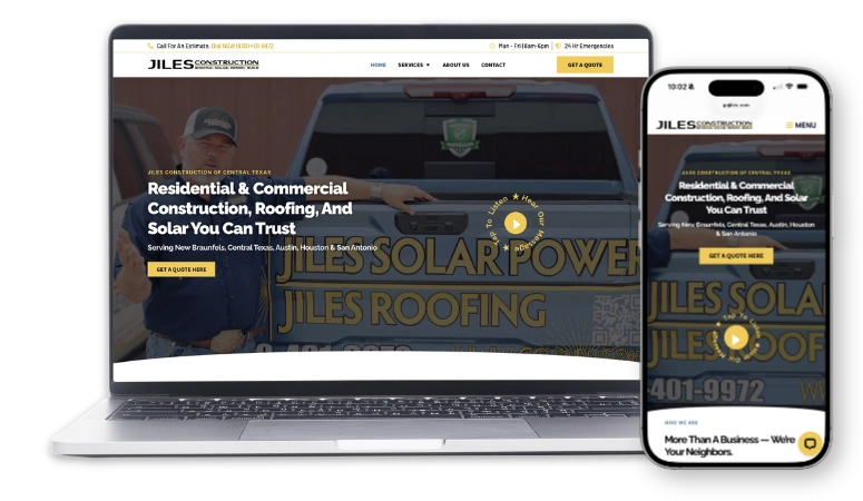 Laptop and phone mockup of the Jiles Construction roofing and solar website designed by Savage Web Solutions