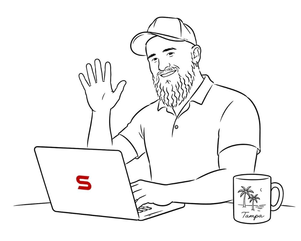 Line illustration of Savage Web Solutions owner Maddox Savage waving from behind a laptop with a Tampa coffee mug.