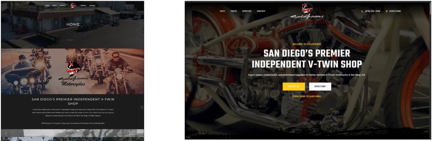 Website repair vs. redesign before-and-after comparison for CycleVisions Motorcycles in San Diego, showing the outdated original website alongside a modern redesigned homepage with improved layout and navigation.